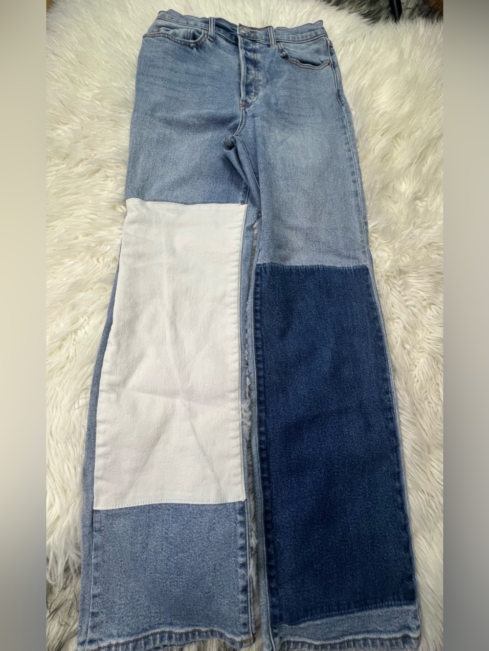 Cello High-Rise Patchwork Wide-Leg Jeans in Light Blue, Dark Blue & White Size 9